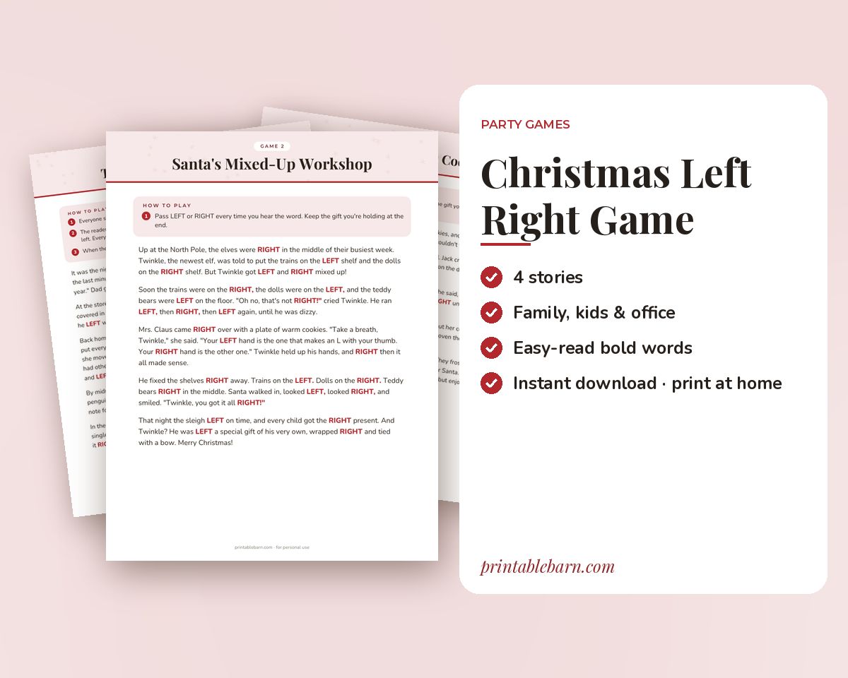 Christmas Left Right Game: 4 Pass-the-Gift Stories (Family, Kids, Office Party & Cookie Story) printable preview 1