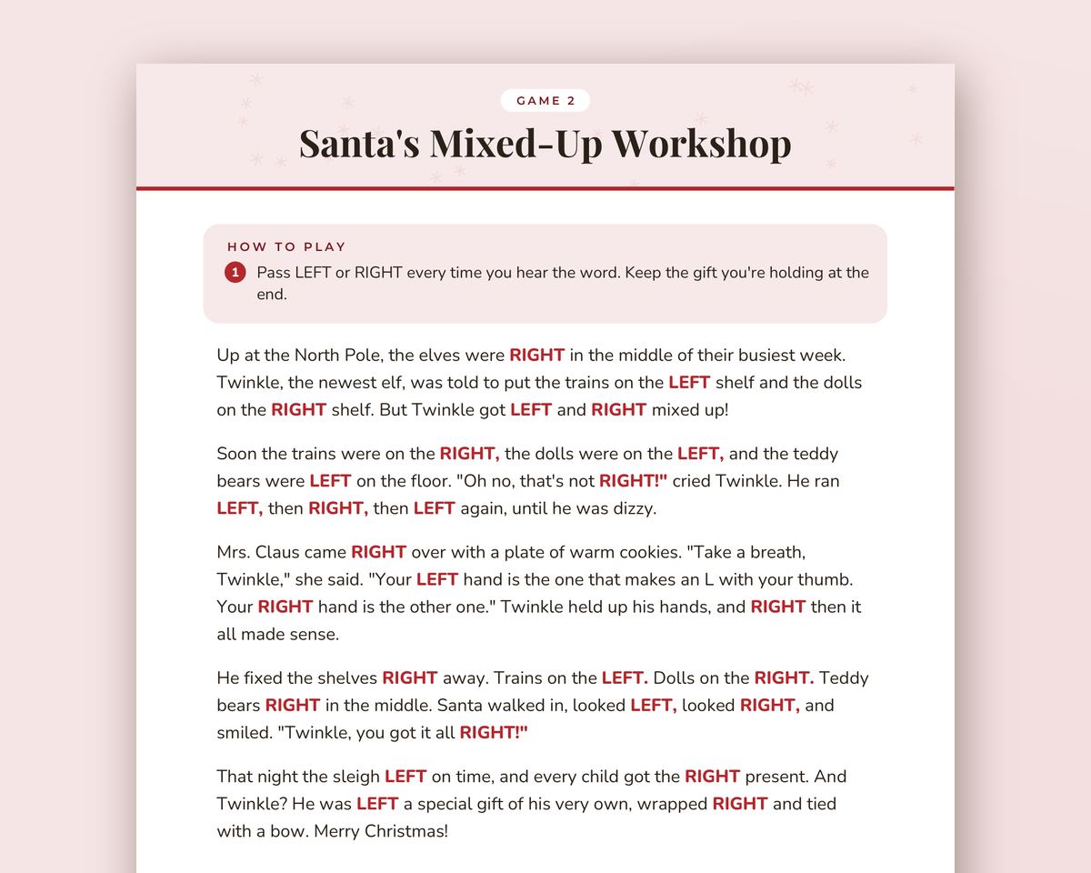 Christmas Left Right Game: 4 Pass-the-Gift Stories (Family, Kids, Office Party & Cookie Story) printable preview 2