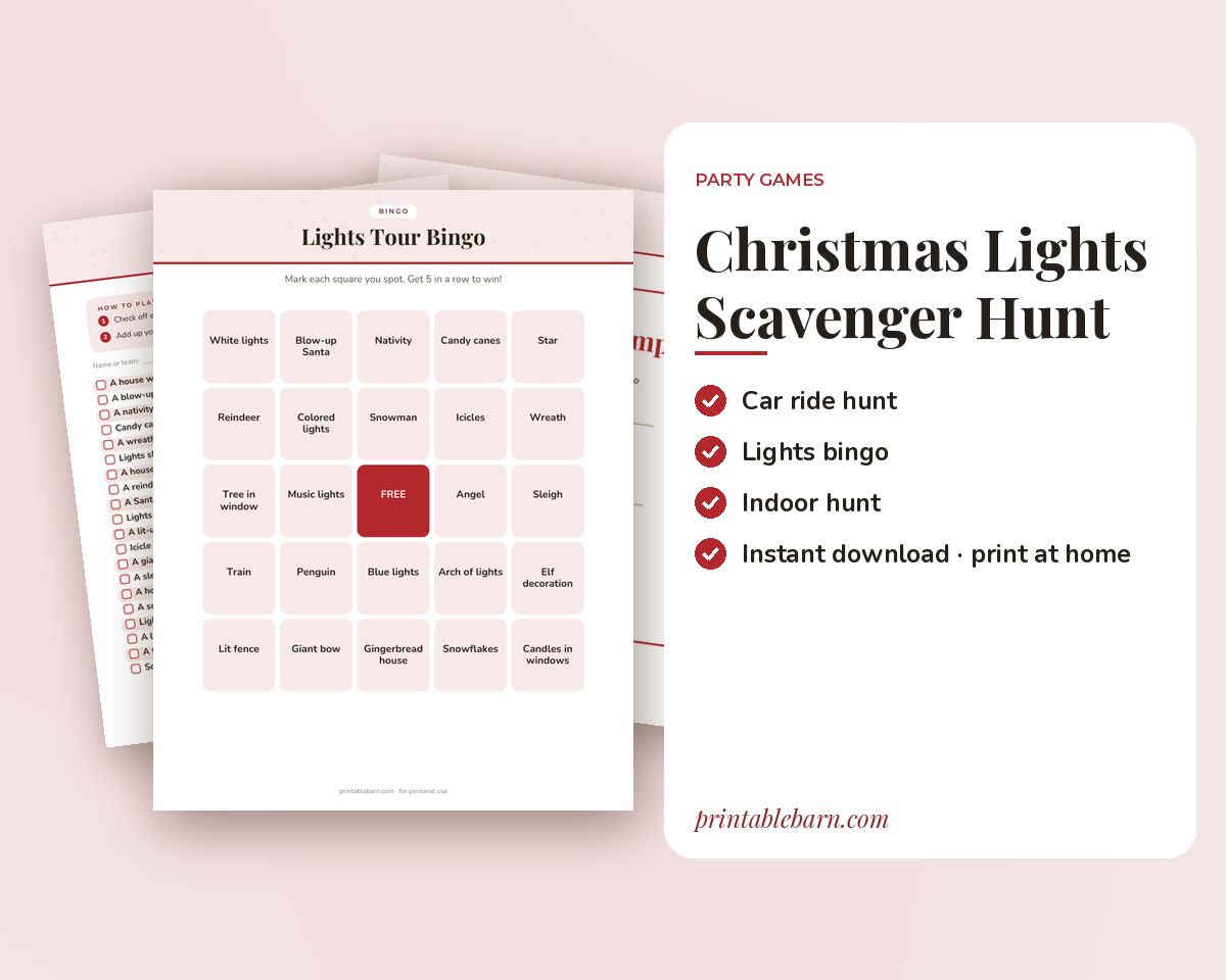Christmas Lights Scavenger Hunt: Car Ride, Neighborhood Walk & Indoor Hunts + Lights Bingo (Printable) printable preview 1