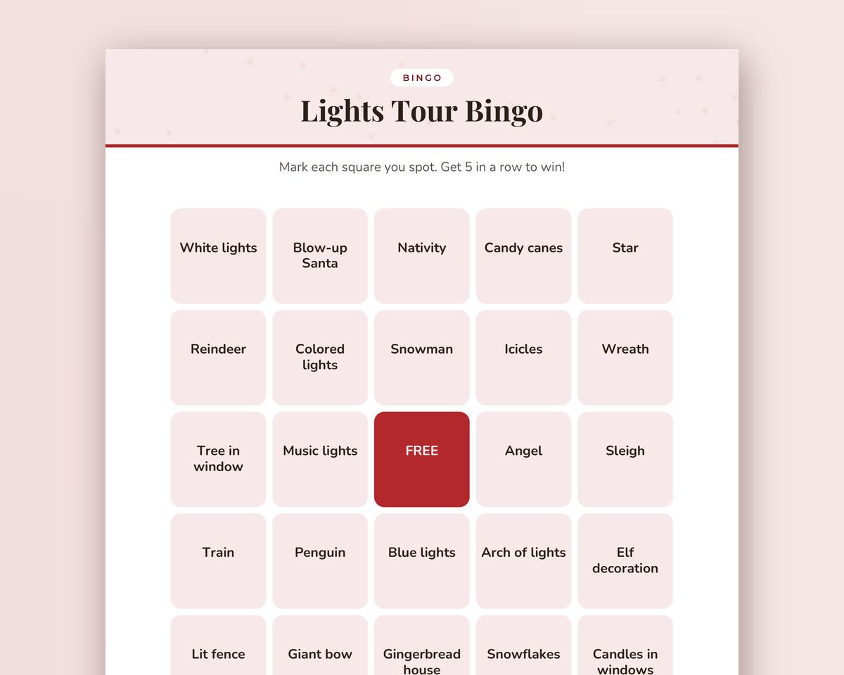 Christmas Lights Scavenger Hunt: Car Ride, Neighborhood Walk & Indoor Hunts + Lights Bingo (Printable) printable preview 2