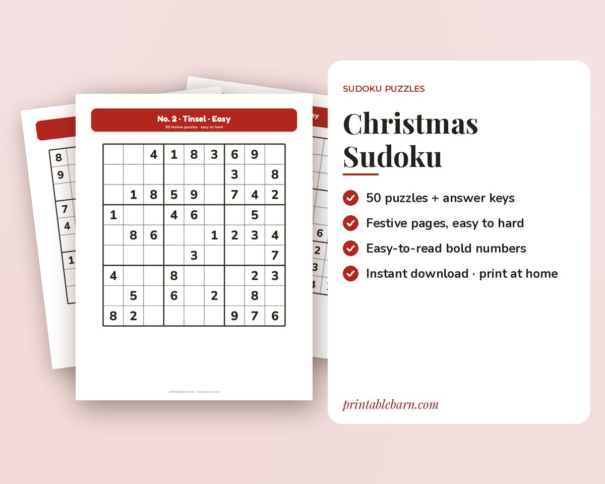 Christmas Sudoku: 50 Printable Holiday Puzzles, Easy to Hard (Large Print) printable preview 1