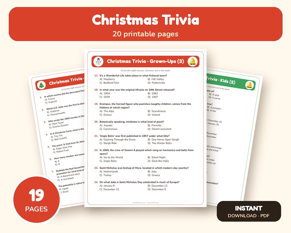 Christmas Trivia: 100 Questions for Grown-Ups, Kids & Seniors printable preview 1