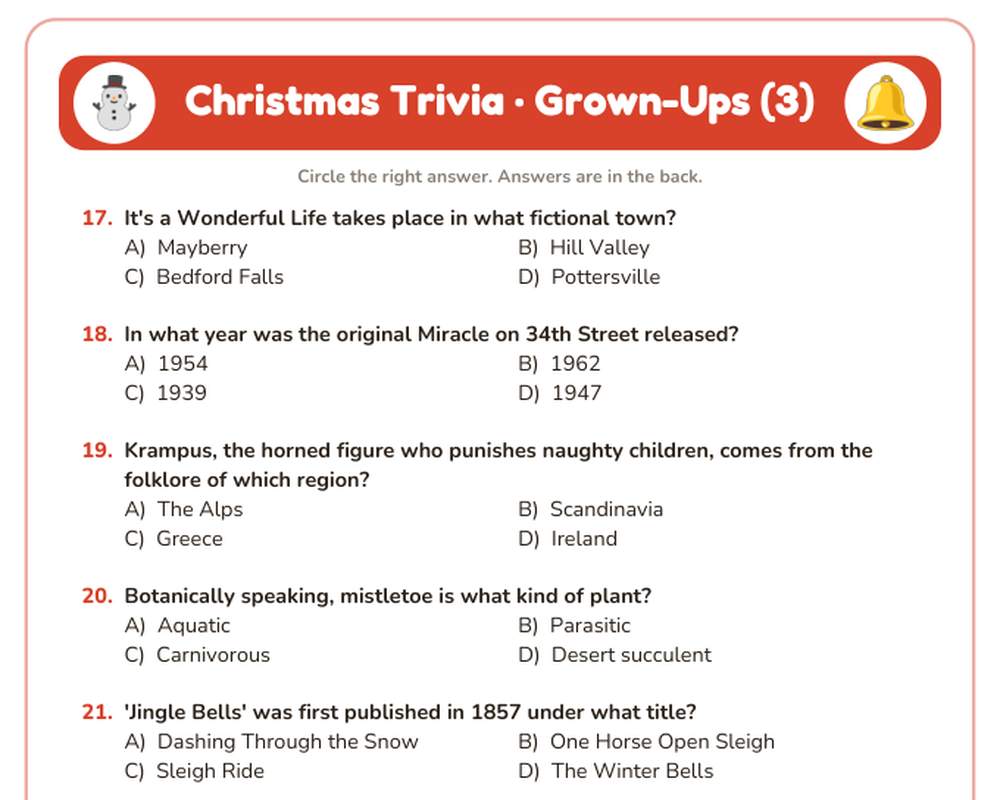 Christmas Trivia: 100 Questions for Grown-Ups, Kids & Seniors printable preview 2
