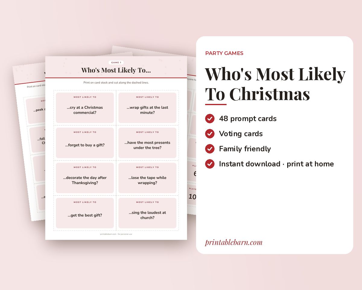 Who's Most Likely To: Christmas Edition, 48 Printable Party Game Cards