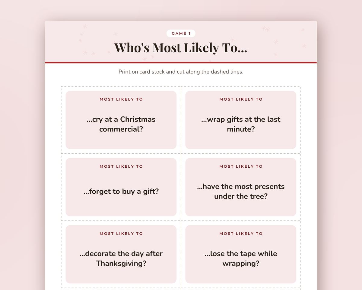Who's Most Likely To: Christmas Edition, 48 Printable Party Game Cards printable preview 2