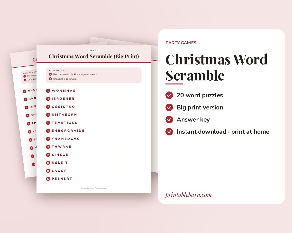 Christmas Word Scramble Game: 20 Printable Word Puzzles with Answer Key printable preview 1