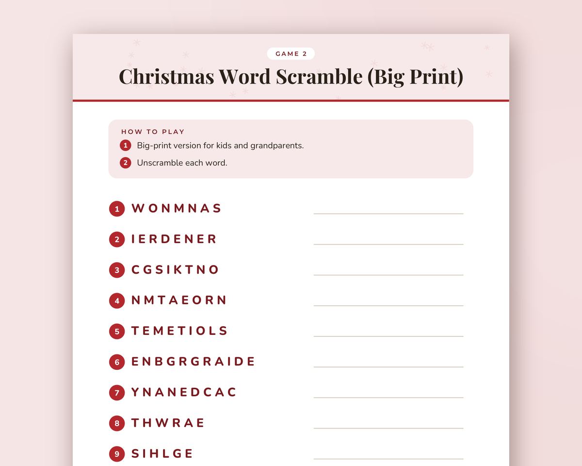 Christmas Word Scramble Game: 20 Printable Word Puzzles with Answer Key printable preview 2