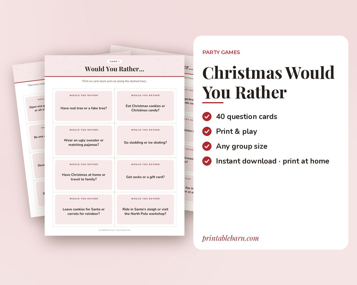 Christmas Would You Rather Game: 40 Printable Question Cards printable preview 1