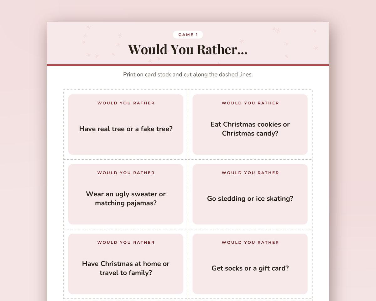 Free printable Christmas Would You Rather Game sample page