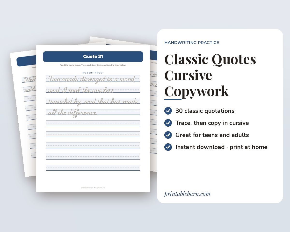 Classic Quotes Cursive Copywork: 30 Timeless Quotations to Trace & Copy (Printable PDF) printable preview 1