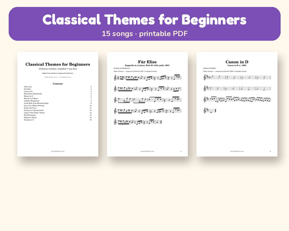 Classical Themes for Beginners: 15 Easy Piano Pieces (Printable)