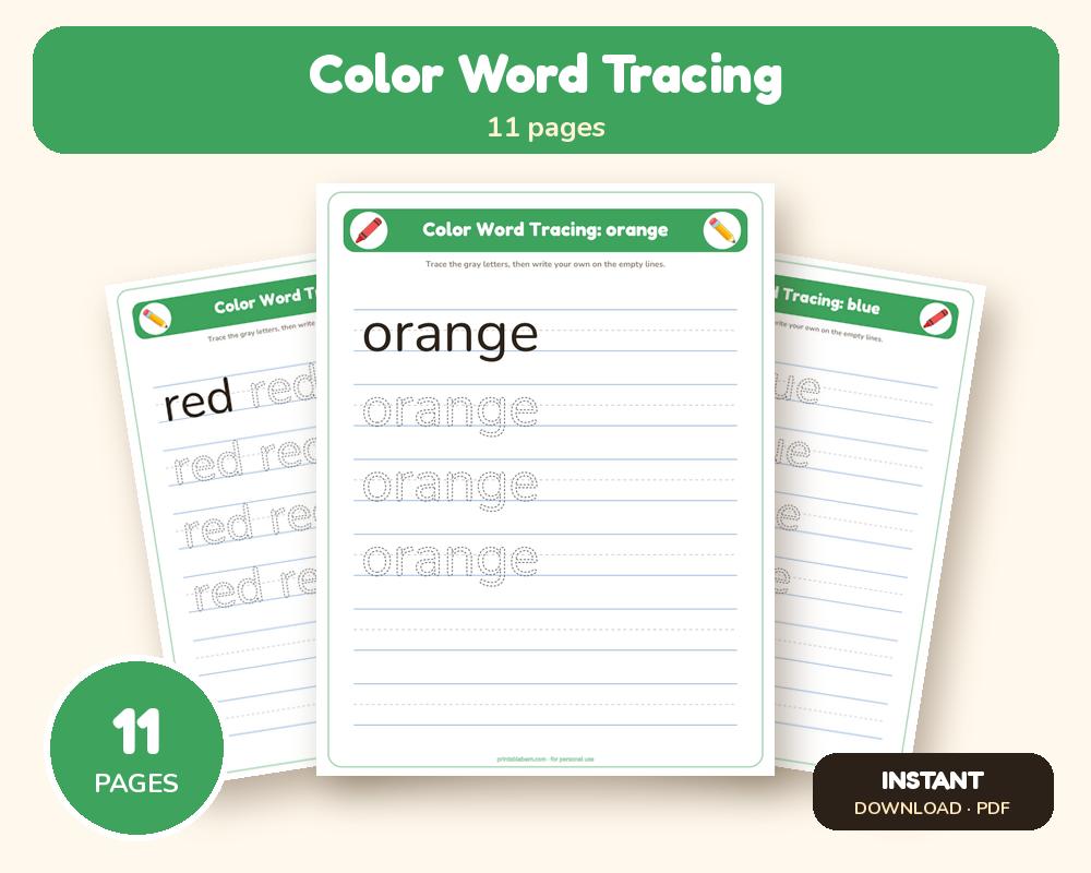 Color Word Tracing Worksheets (Printable Handwriting Practice) printable preview 1