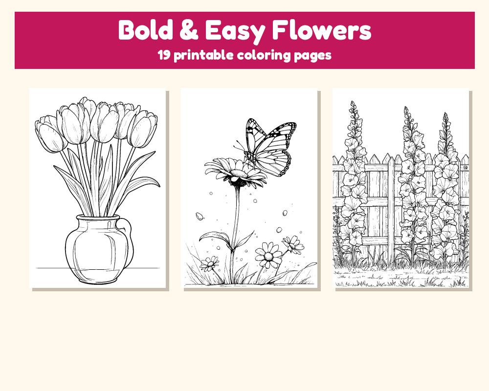 Bold & Easy Flowers Coloring Pages: 19 Printable Pages printable preview 1