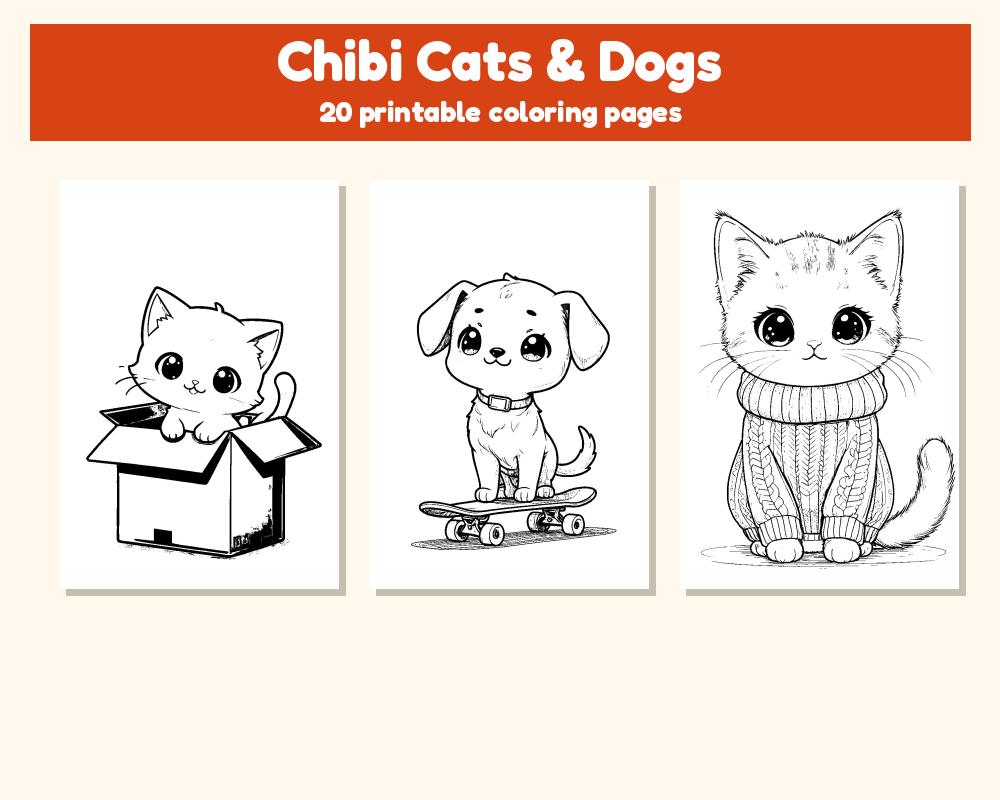 Chibi Cats & Dogs Coloring Pages: 20 Printable Pages printable preview 1