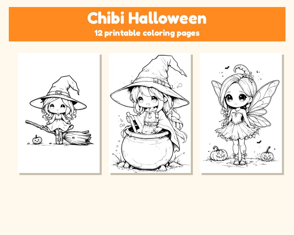 Chibi Halloween Coloring Pages: 12 Printable Pages