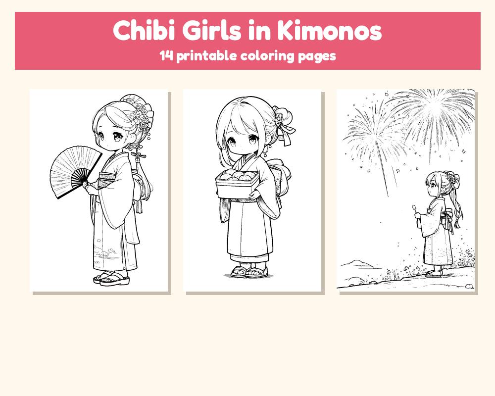 Chibi Girls in Kimonos Coloring Pages: 14 Printable Pages printable preview 1