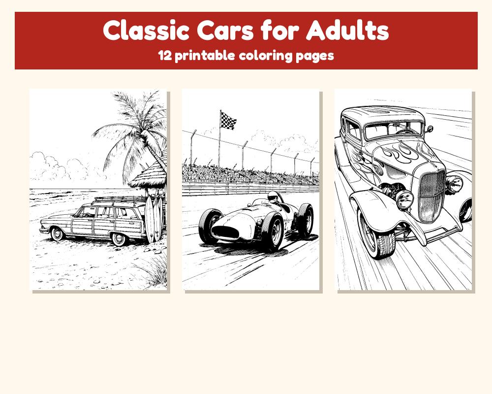 Classic Cars for Adults Coloring Pages: 12 Printable Pages printable preview 1