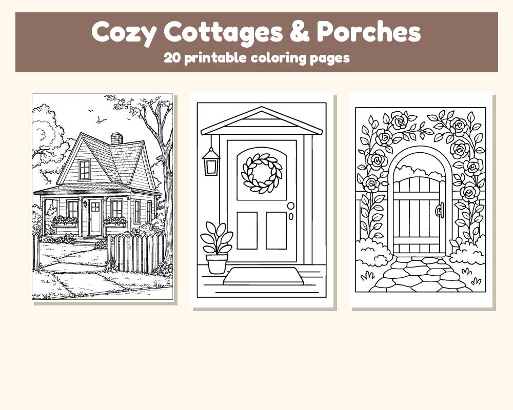Cozy Cottages & Porches Coloring Pages: 20 Printable Pages printable preview 1