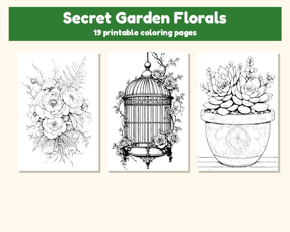 Secret Garden Florals Coloring Pages: 19 Printable Pages