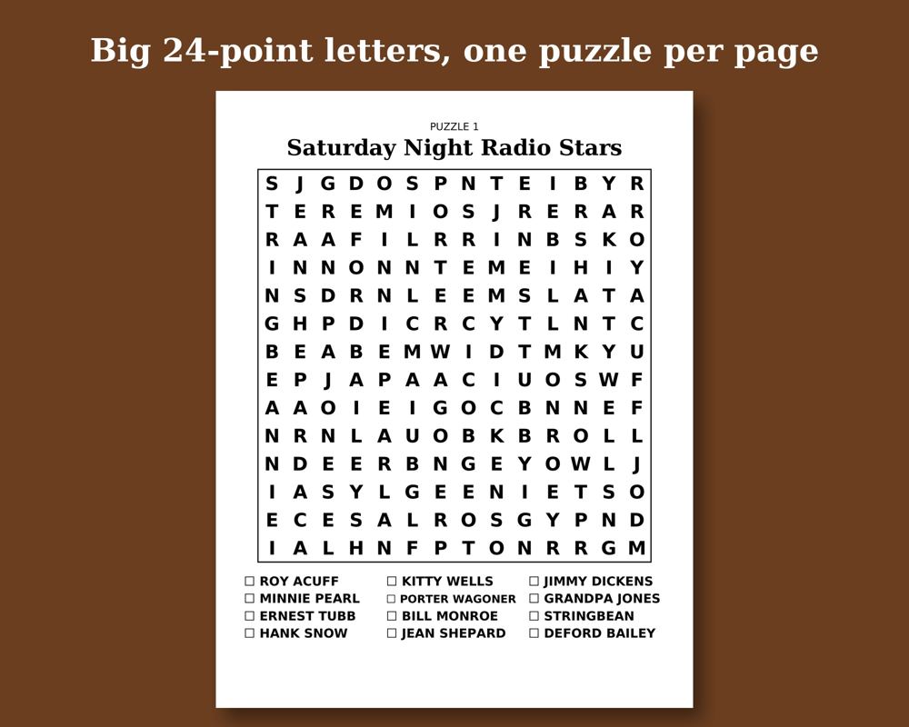 Free printable Classic Country Music Word Search sample page