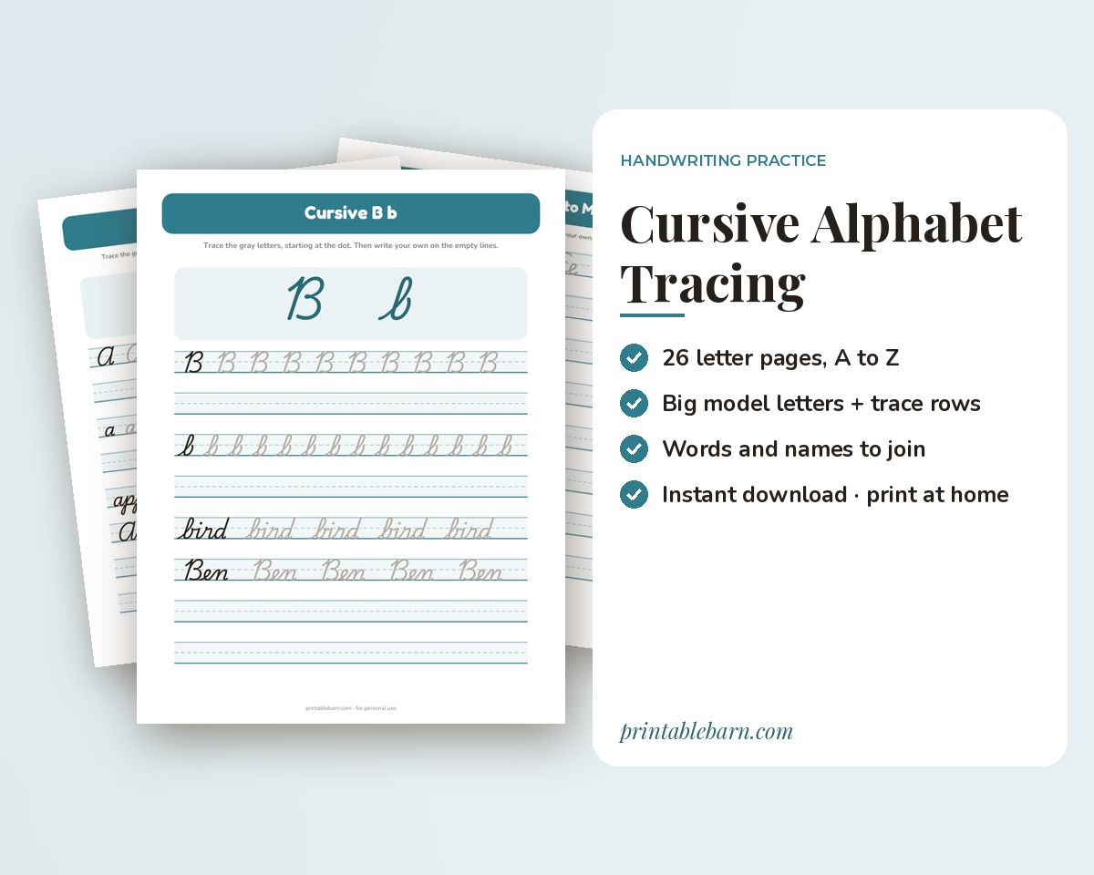 Cursive Alphabet Tracing Worksheets A–Z: Uppercase, Lowercase & First Words (Printable PDF)