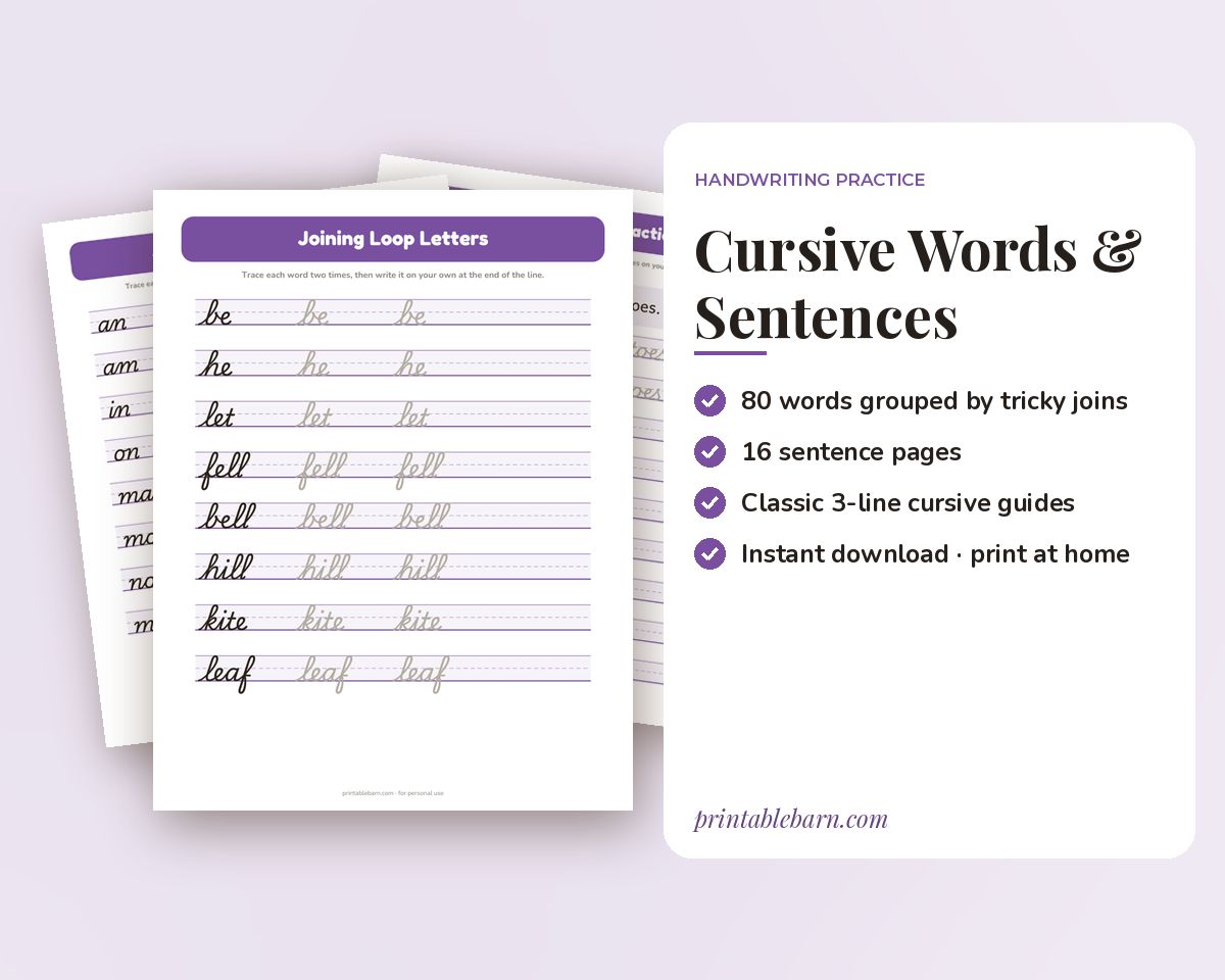 Cursive Words & Sentences Tracing Worksheets: 26 Pages of Joining Practice (Printable PDF) printable preview 1