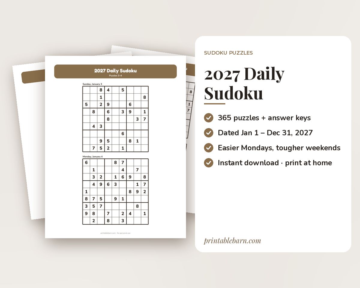 2027 Daily Sudoku Calendar: 365 Dated Printable Puzzles printable preview 1