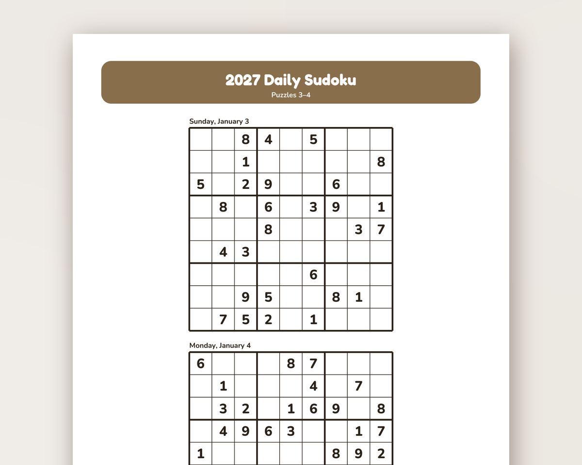Free printable 2027 Daily Sudoku Calendar sample page