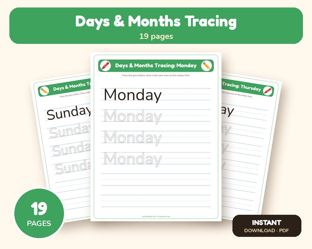 Days & Months Tracing Worksheets (Printable Handwriting Practice)