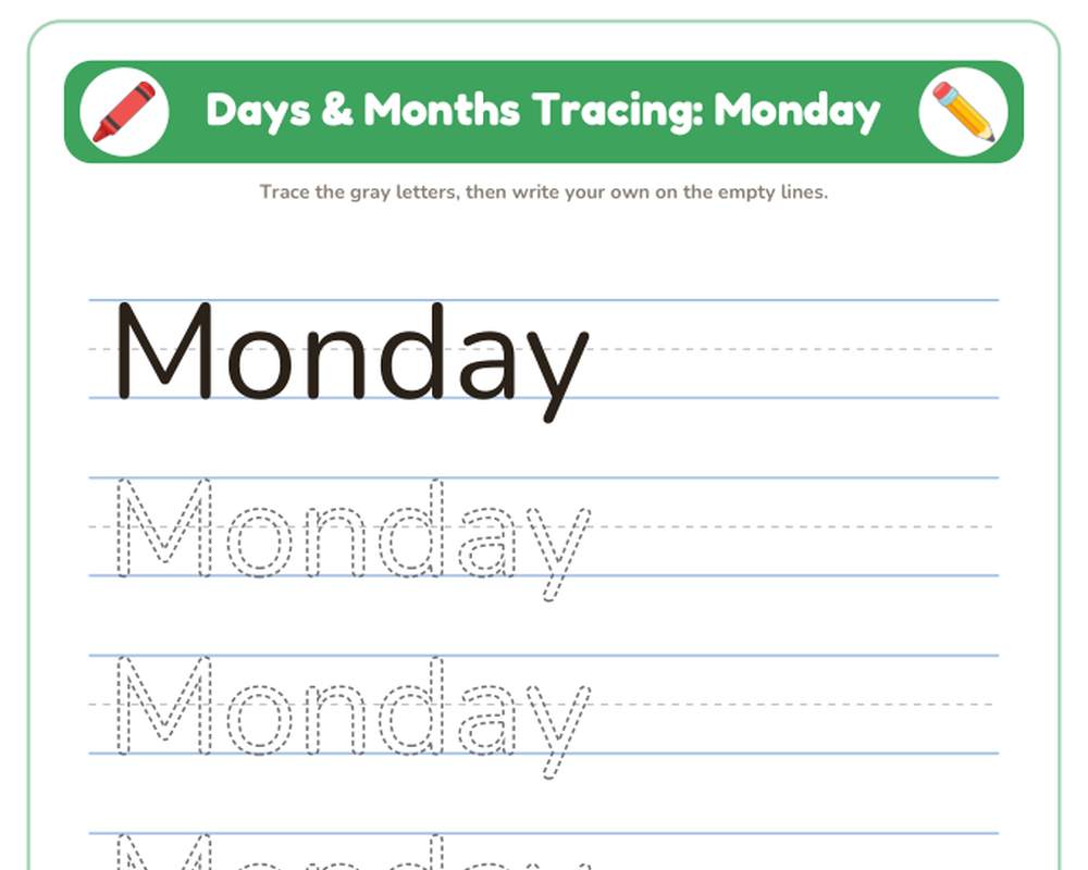 Days & Months Tracing Worksheets (Printable Handwriting Practice) printable preview 2