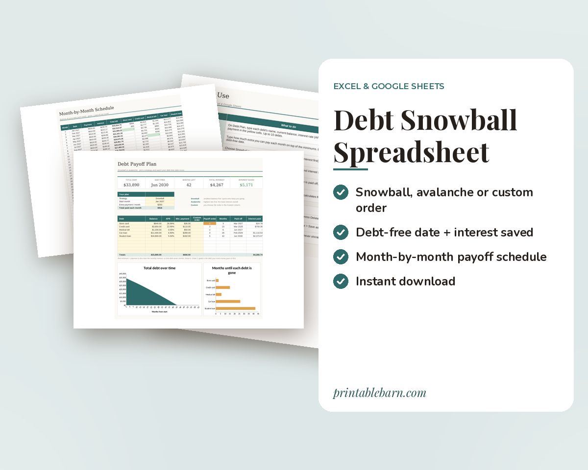 Debt Snowball Spreadsheet: Debt Payoff Tracker with Avalanche Option & Chart (Excel & Google Sheets) printable preview 1