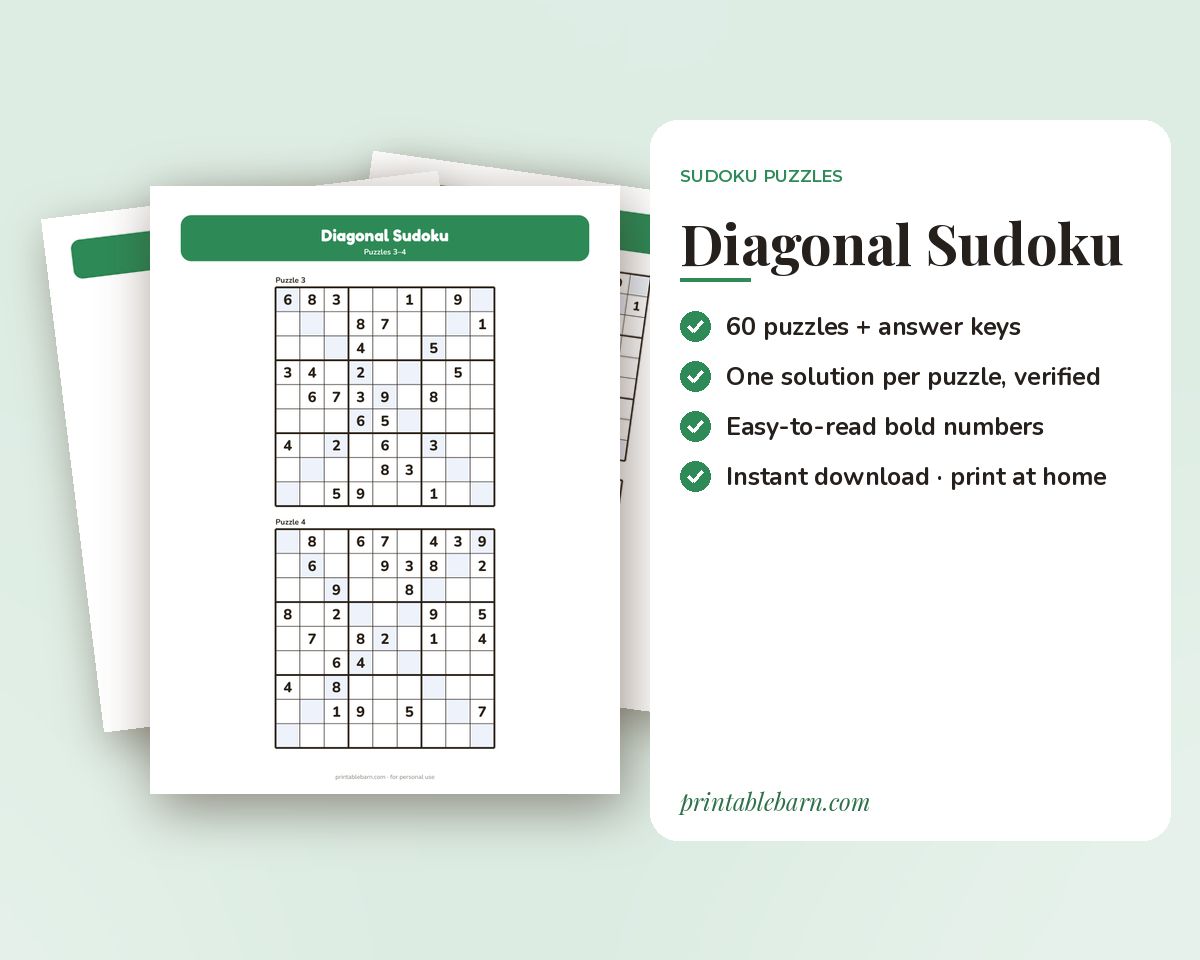 Diagonal Sudoku (X-Sudoku): 60 Printable Puzzles with Answer Keys