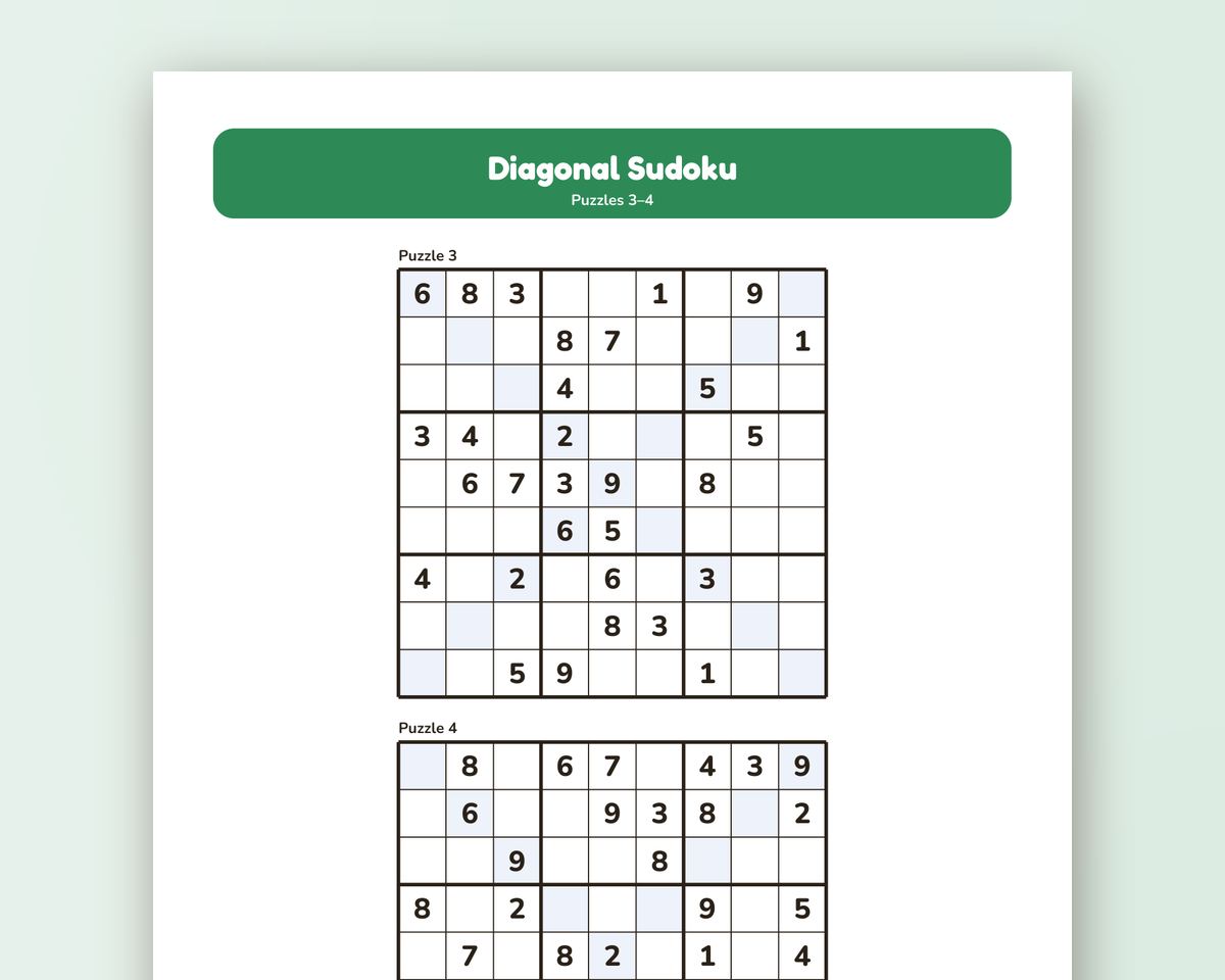 Free printable Diagonal Sudoku sample page