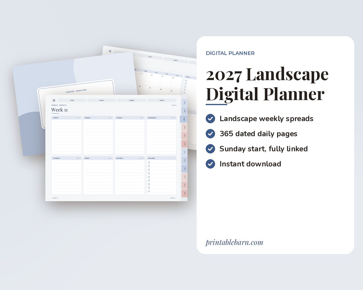 2027 Landscape Digital Planner: Dated Hyperlinked iPad Planner, Sunday Start (GoodNotes & Notability)