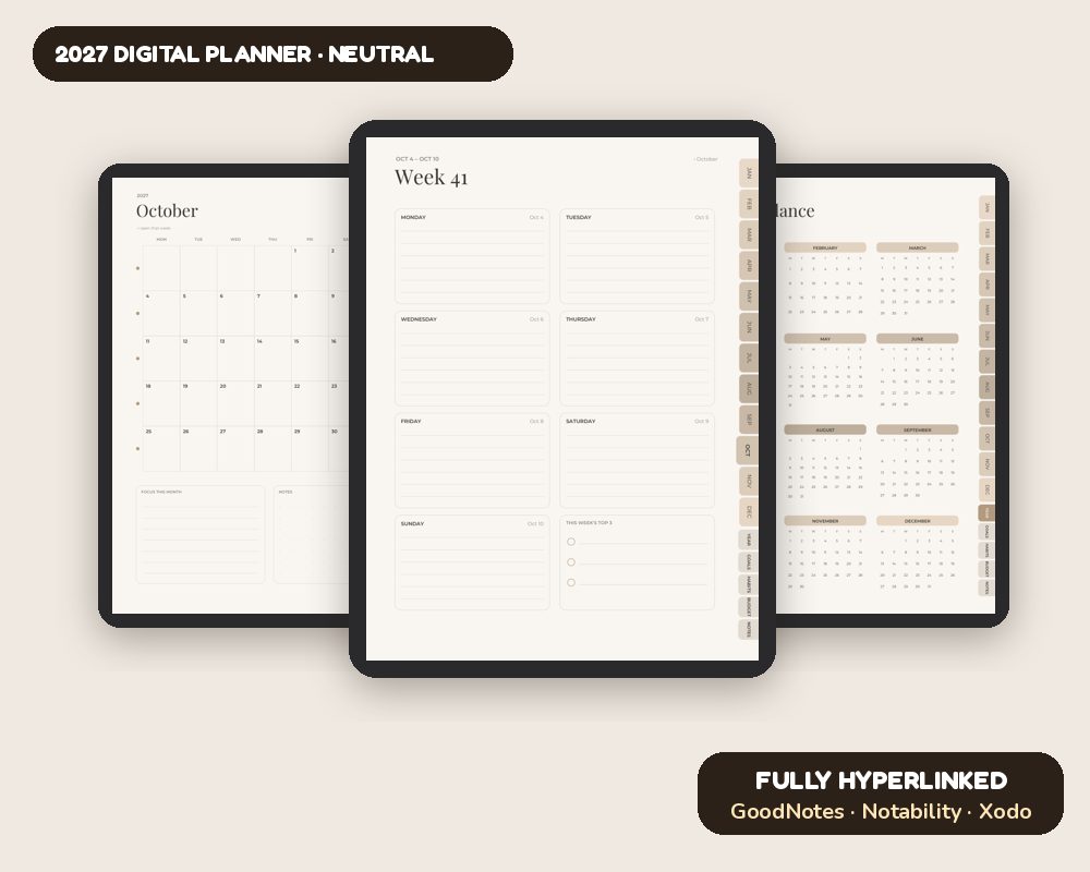 2027 Digital Planner (Neutral): Hyperlinked iPad Planner for GoodNotes & Notability