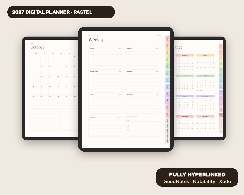 2027 Digital Planner (Pastel): Hyperlinked iPad Planner for GoodNotes & Notability