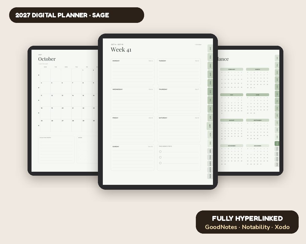 2027 Digital Planner (Sage): Hyperlinked iPad Planner for GoodNotes & Notability