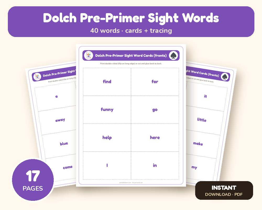 Dolch Pre-Primer Sight Words: Flash Cards, Tracing & Word Search (40 Words)