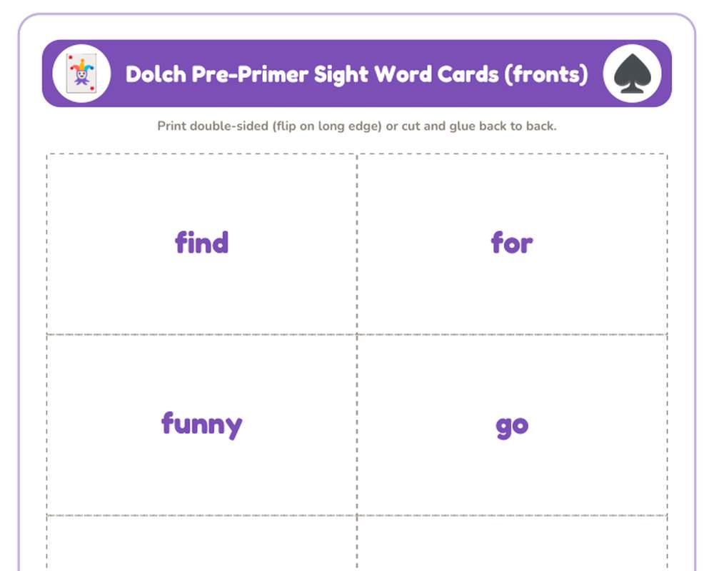 Free printable Dolch Pre-Primer Sight Words sample page