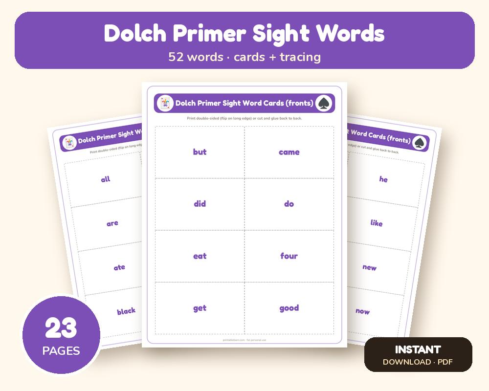 Dolch Primer Sight Words: Flash Cards, Tracing & Word Search (52 Words)