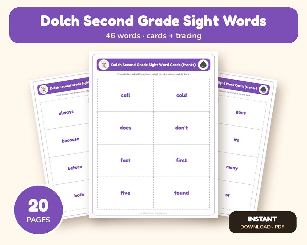 Dolch Second Grade Sight Words: Flash Cards, Tracing & Word Search (46 Words)