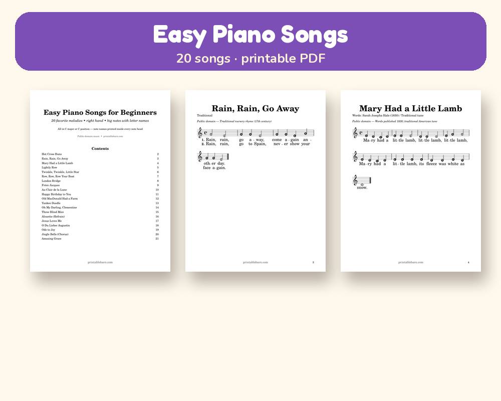 Easy Piano Songs for Beginners: 20 Printable Songs with Letter Names