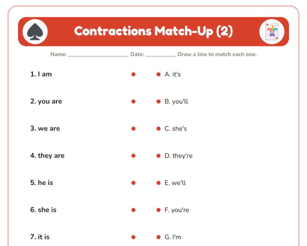 Contractions Worksheets: Match-Ups, Write the Contraction & Flash Cards (1st–3rd Grade) printable preview 2