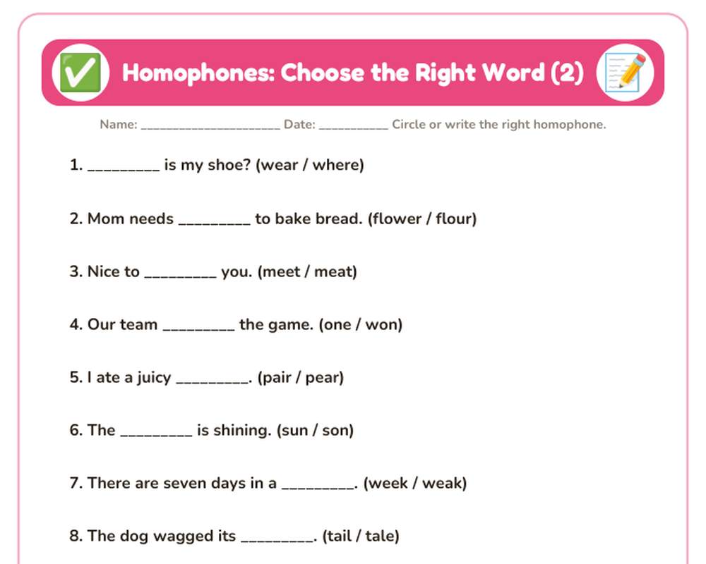 Homophones Worksheets: Choose the Right Word (2nd–4th Grade) printable preview 2
