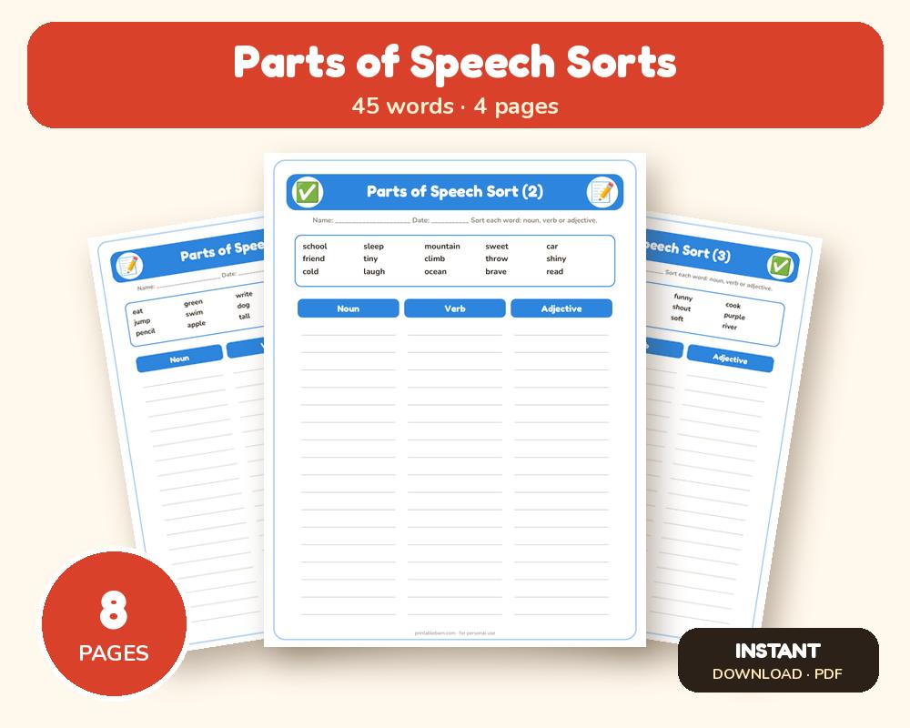 Parts of Speech Worksheets: Noun, Verb & Adjective Sorts (2nd–3rd Grade)