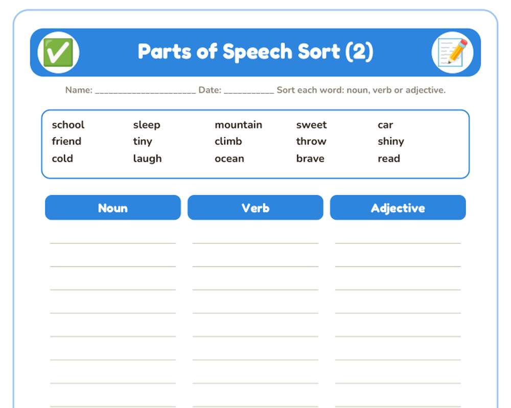 Parts of Speech Worksheets: Noun, Verb & Adjective Sorts (2ndβ3rd Grade) printable preview 2