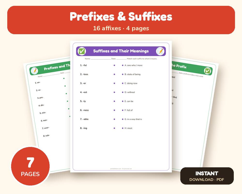 Prefixes and Suffixes Worksheets + Reference Chart (3rdβ4th Grade) printable preview 1
