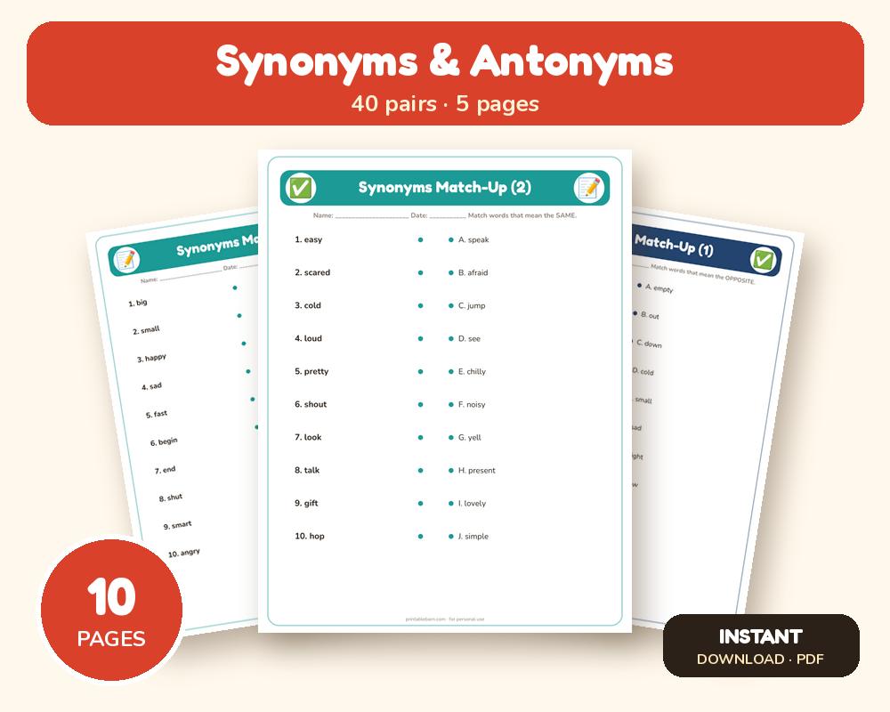 Synonyms and Antonyms Worksheets: Match-Ups & Sort (2ndβ3rd Grade) printable preview 1