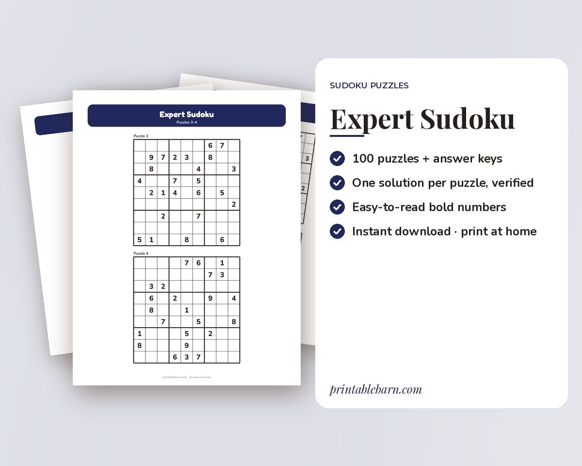 Expert Sudoku: 100 Very Hard Printable Puzzles with Answer Keys