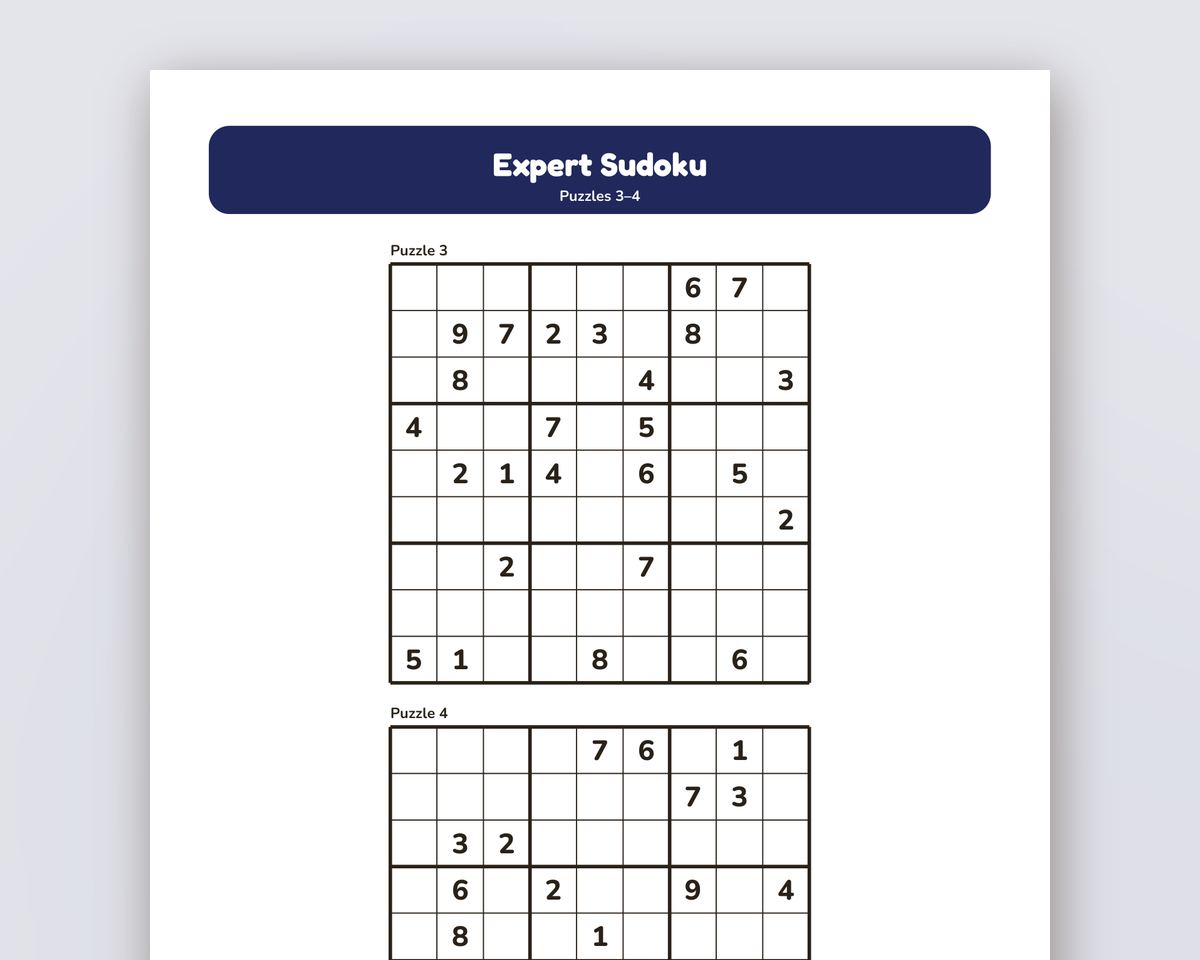 Expert Sudoku: 100 Very Hard Printable Puzzles with Answer Keys printable preview 2